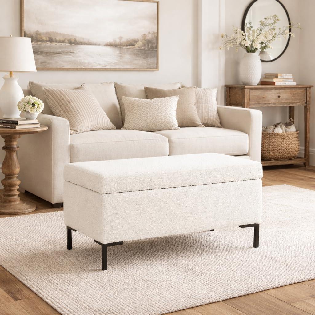 imageHomePop Upholstered Storage Bench with Metal Leg 42 W Carmel Faux LeatherOffwhite Boucle