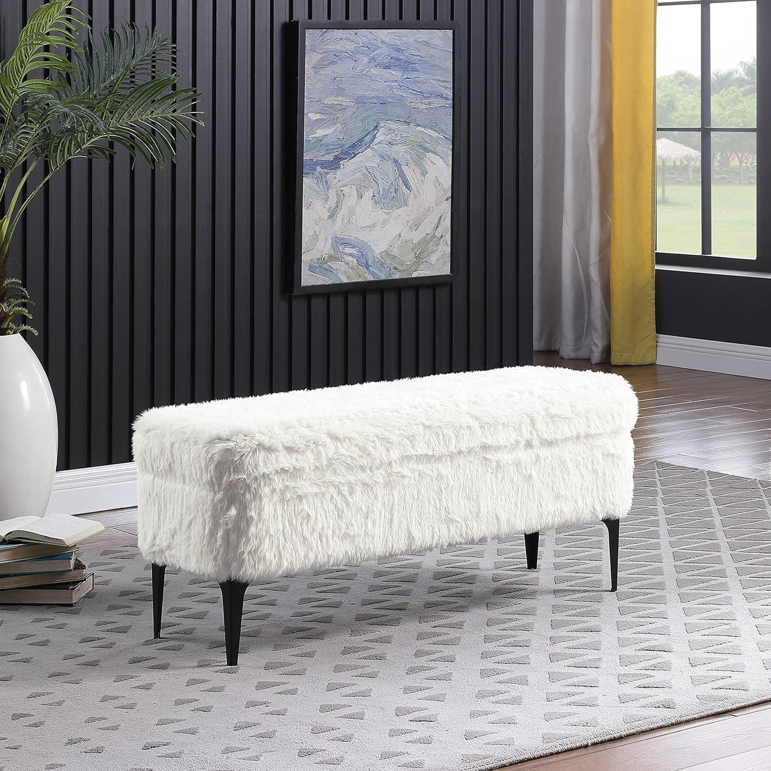 imageHomePop Upholstered Storage Bench with Metal LegHomepop Home DcorBench with Storage for Living Room amp Entryway Sustainable Gray WovenWhite Faux Fur