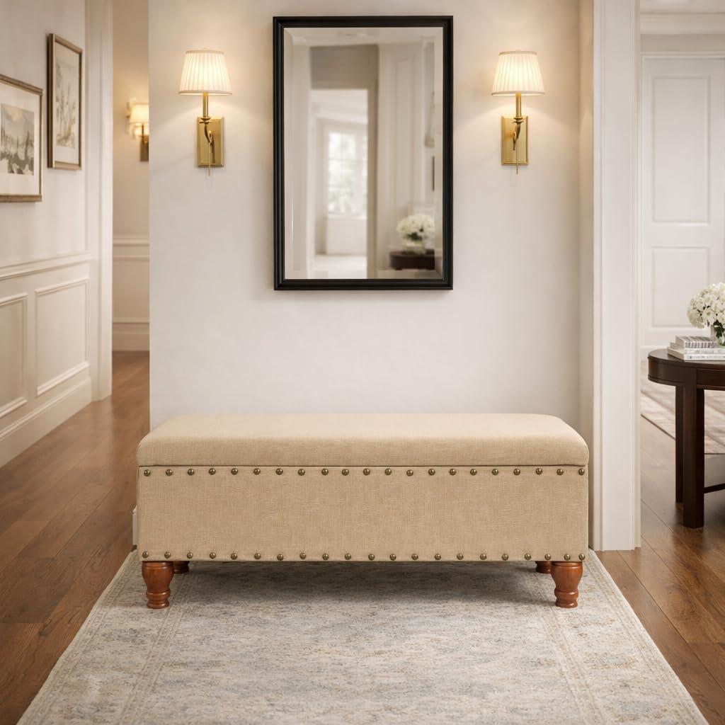 imageHomePop Upholstered Storage Bench with Nailhead Trim TaupeCreamBeige