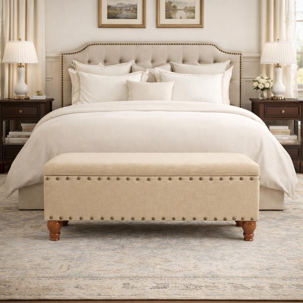 imageHomePop Upholstered Storage Bench with Nailhead Trim TaupeCreamBeige