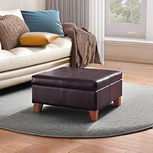 imageHomePop Woven Square Storage Ottoman with Wood Legs Linen TanBrown
