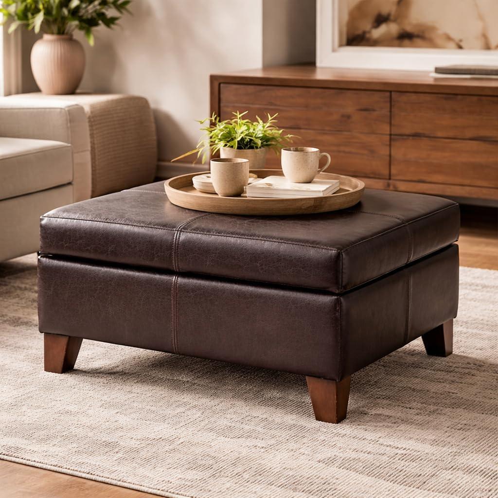 imageHomePop Woven Square Storage Ottoman with Wood Legs Linen TanBrown