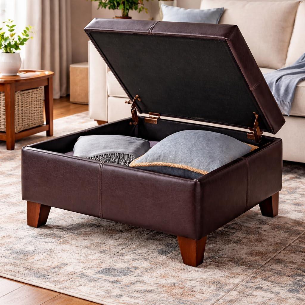 imageHomePop Woven Square Storage Ottoman with Wood Legs Linen TanBrown