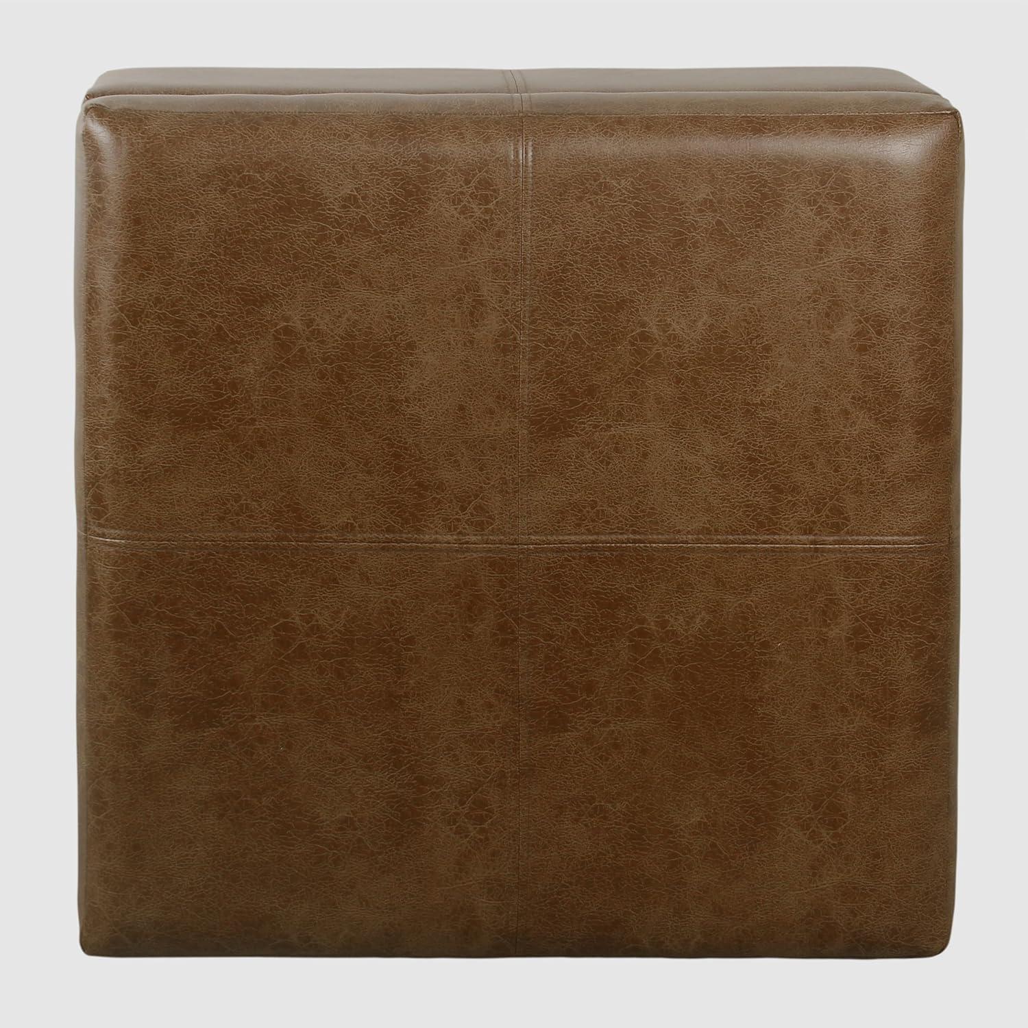 imageHomePop Woven Square Storage Ottoman with Wood Legs Linen TanDistressed Brown Faux Leather