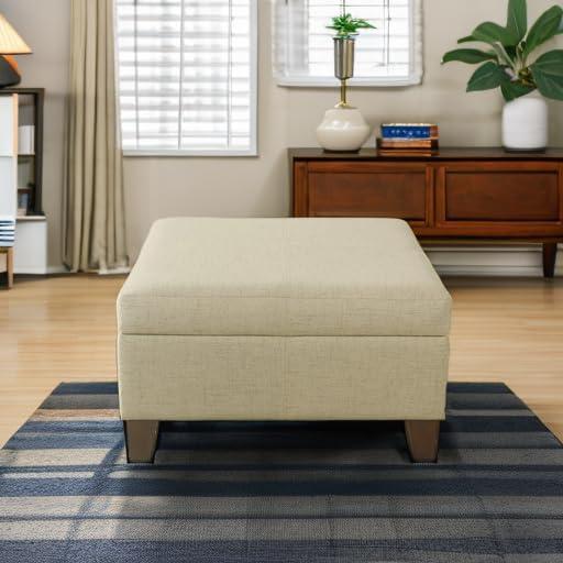 imageHomePop Woven Square Storage Ottoman with Wood Legs Linen TanLinenlike Tan