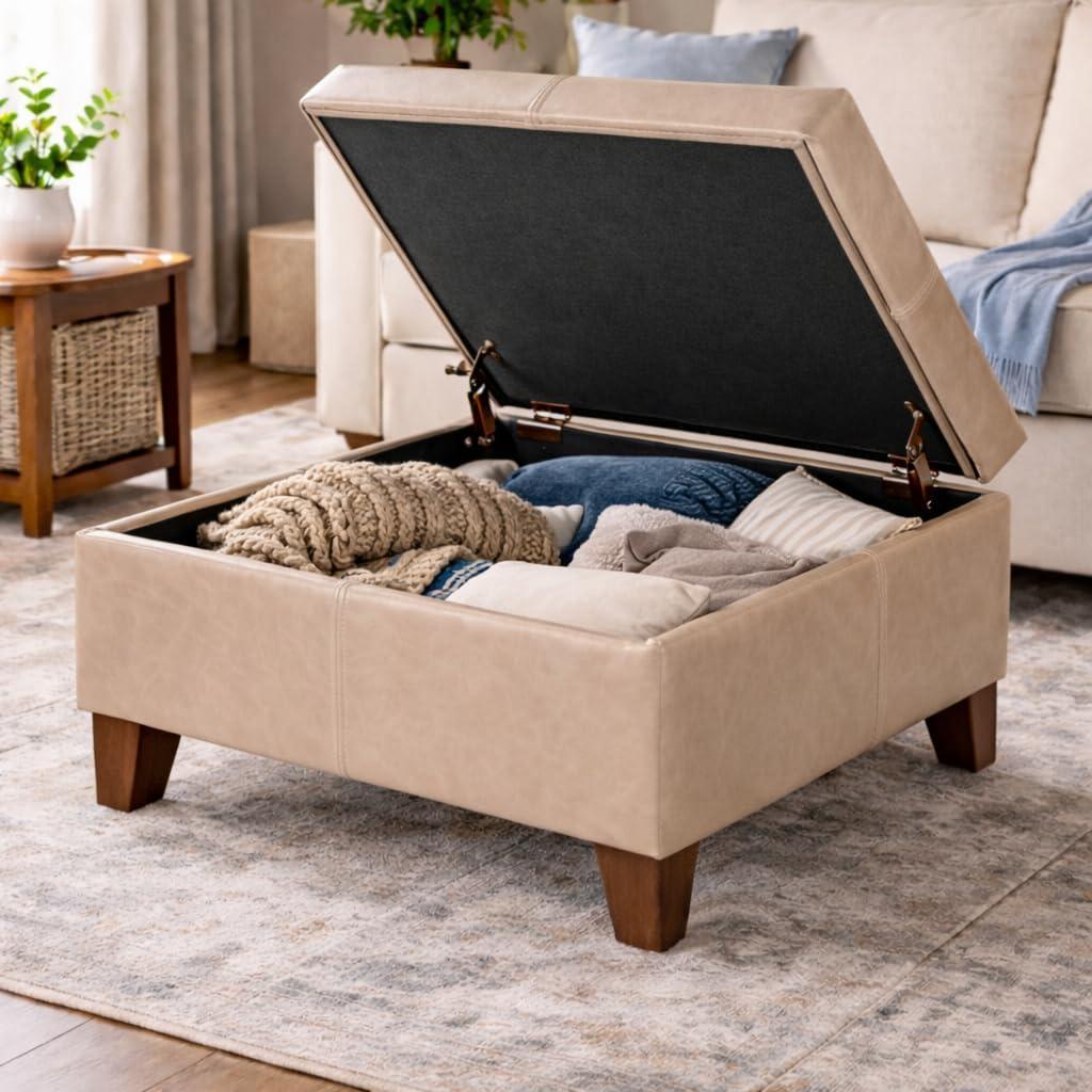 imageHomePop Woven Square Storage Ottoman with Wood Legs Linen TanSand Leather