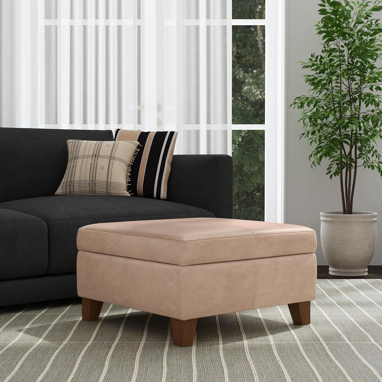 imageHomePop Woven Square Storage Ottoman with Wood Legs Linen TanSand Leather