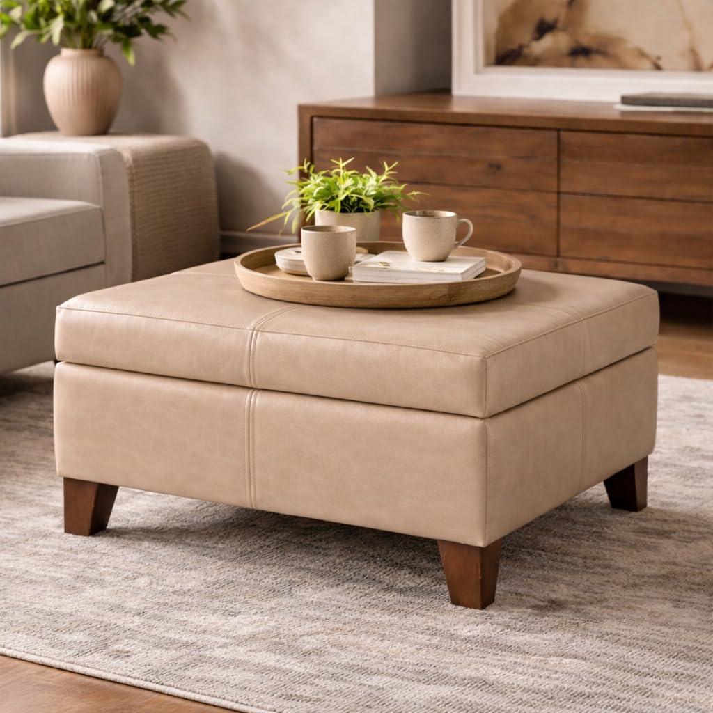 imageHomePop Woven Square Storage Ottoman with Wood Legs Linen TanSand Leather