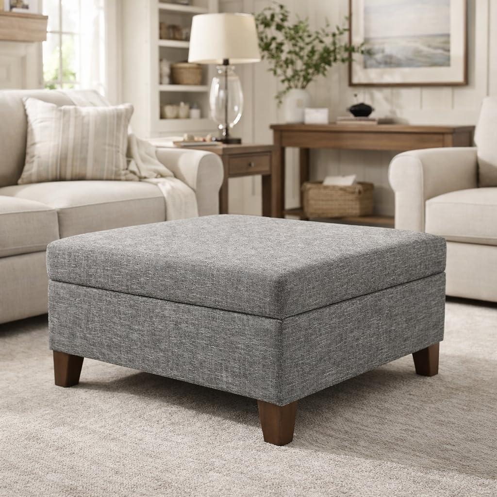 imageHomePop Woven Square Storage Ottoman with Wood Legs Linen TanSlate Gray