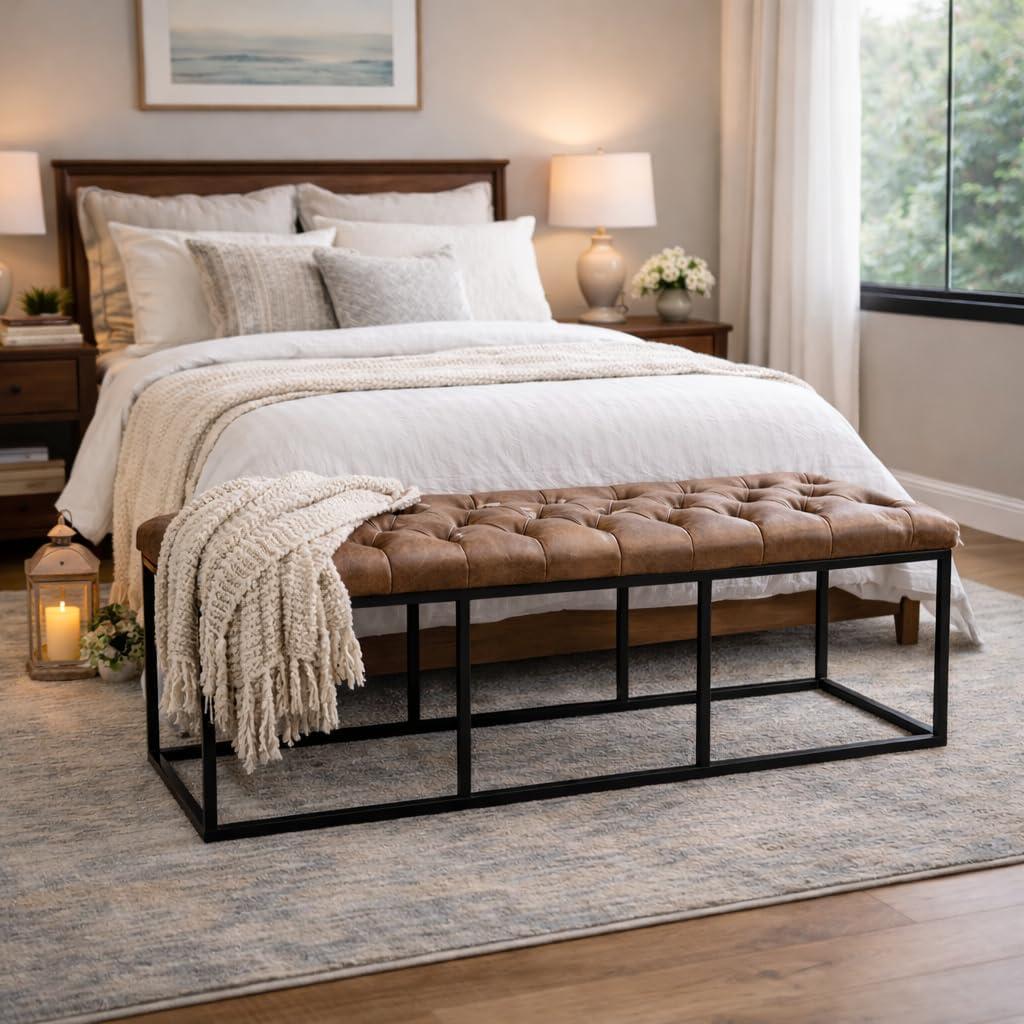 imageHomepop Decorative Small Square Black Metal Ottoman Ottoman Stool for Living Room amp Bedroom Decorative Home Furniture Pewter Gray Faux LeatherBrown