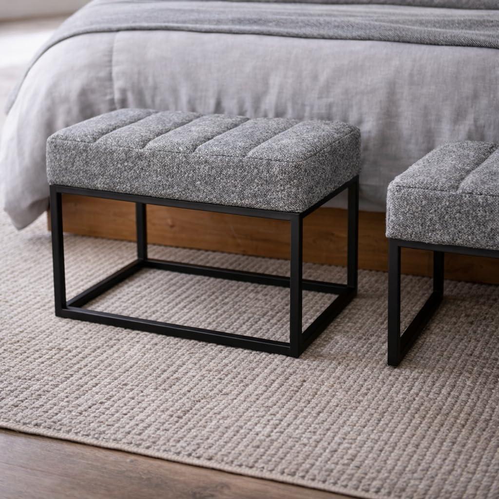 imageHomepop Decorative Small Square Black Metal Ottoman Ottoman Stool for Living Room amp Bedroom Decorative Home Furniture Pewter Gray Faux LeatherCream Boucle With Gray Yarns