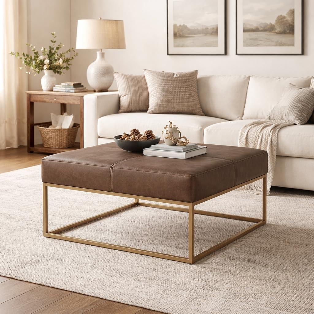 imageHomepop Decorative Small Square Gold Metal Ottoman Ottoman Stool for Living Room amp Bedroom Decorative Home Furniture Brown Faux LeatherBrown Faux Leather