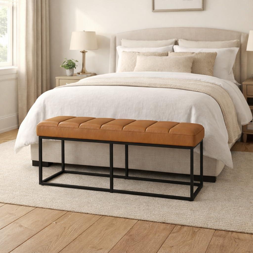 imageHomepop Decorative Small Square Gold Metal Ottoman Ottoman Stool for Living Room amp Bedroom Decorative Home Furniture Brown Faux LeatherCarmel Faux Leather