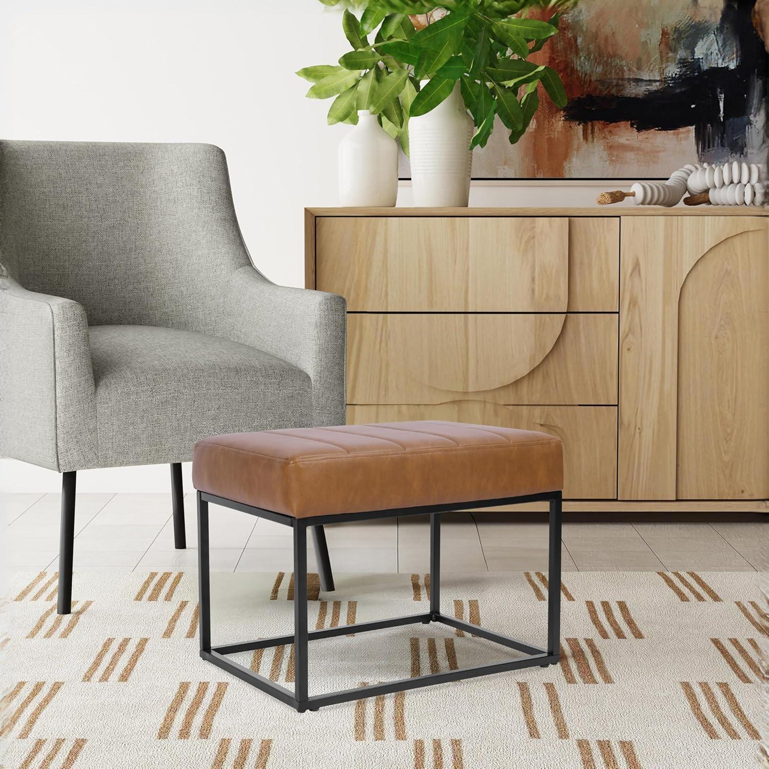 imageHomepop Decorative Small Square Gold Metal Ottoman Ottoman Stool for Living Room amp Bedroom Decorative Home Furniture Brown Faux LeatherCarmel Faux Leather