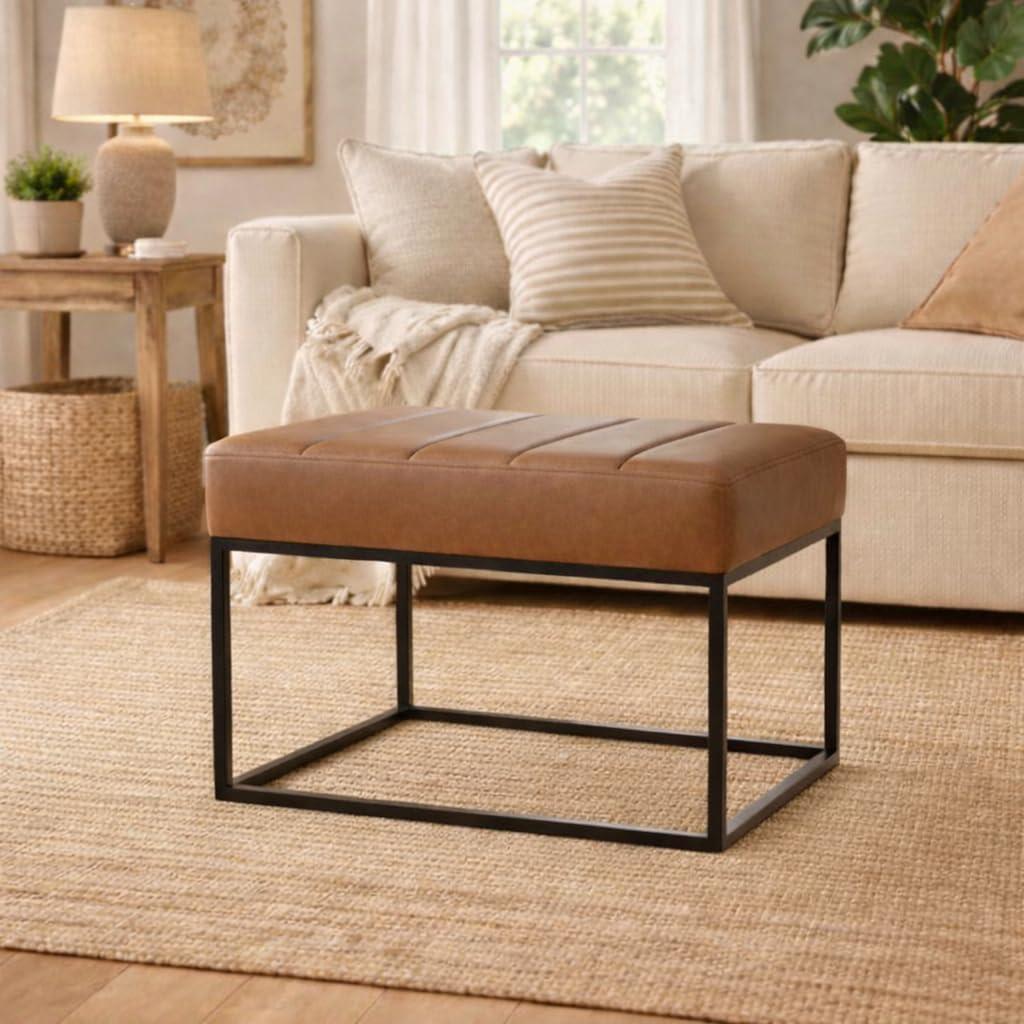 imageHomepop Decorative Small Square Gold Metal Ottoman Ottoman Stool for Living Room amp Bedroom Decorative Home Furniture Brown Faux LeatherCarmel Faux Leather