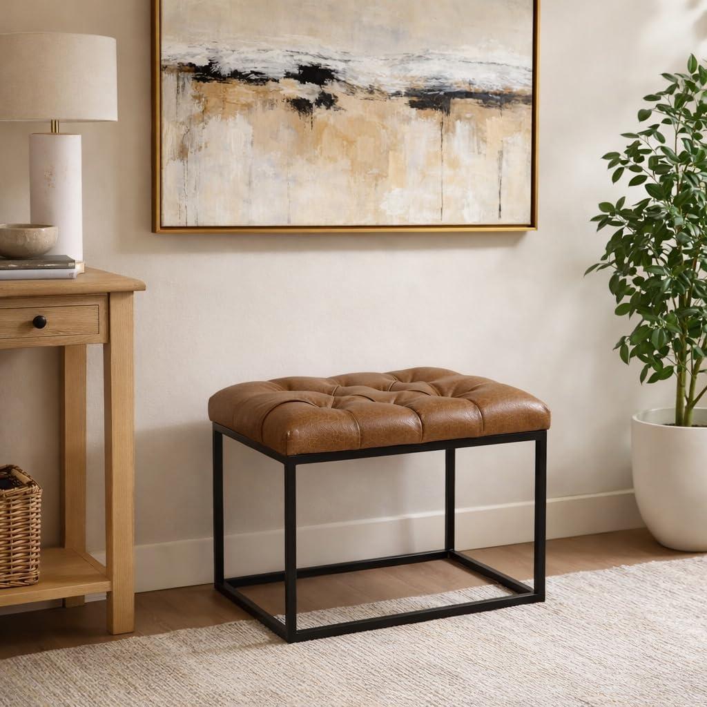 imageHomepop Decorative Small Square Gold Metal Ottoman Ottoman Stool for Living Room amp Bedroom Decorative Home Furniture Brown Faux LeatherDistressed Brown Faux Leather