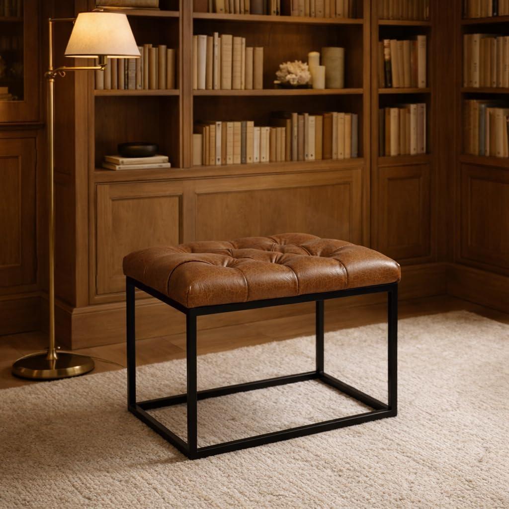 imageHomepop Decorative Small Square Gold Metal Ottoman Ottoman Stool for Living Room amp Bedroom Decorative Home Furniture Brown Faux LeatherDistressed Brown Faux Leather