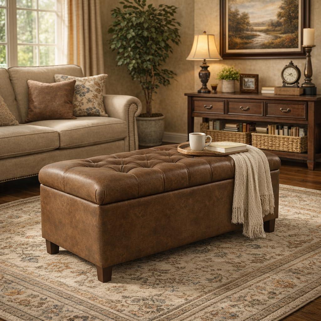 imageHomepop Home Decor Tufted Ainsley Button Storage Ottoman Bench with Hinged Lid Ottoman Bench with Storage for Living Room amp Bedroom Brown 18x40x18 inchesDistressed Brown Faux Leather
