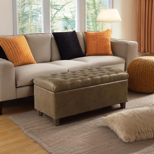imageHomepop Home Decor Tufted Ainsley Button Storage Ottoman Bench with Hinged Lid Ottoman Bench with Storage for Living Room amp Bedroom Brown 18x40x18 inchesDistressed Brown Faux Leather