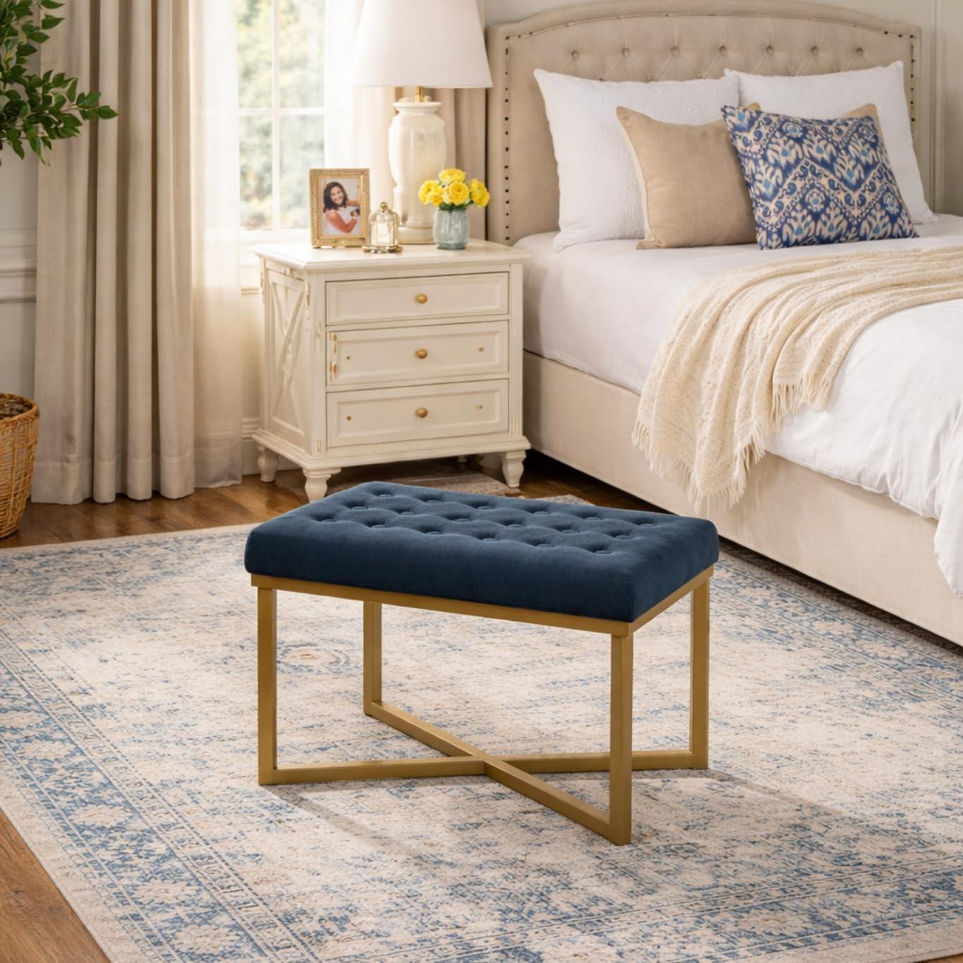 imageHomepop Home Decor Upholstered Tufted Velvet Ottoman Bench Ottoman Bench for Living Room amp Bedroom SilverBlue