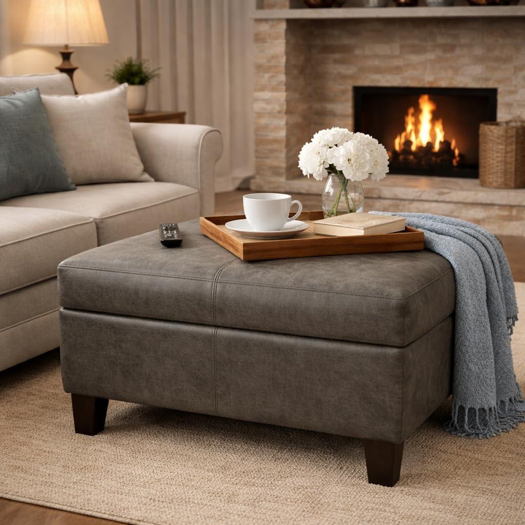 imageHomepop Home Decor K2380E903 Luxury Large Faux Leather Square Storage Ottoman Ottoman with Storage for Living Room amp Bedroom Gray