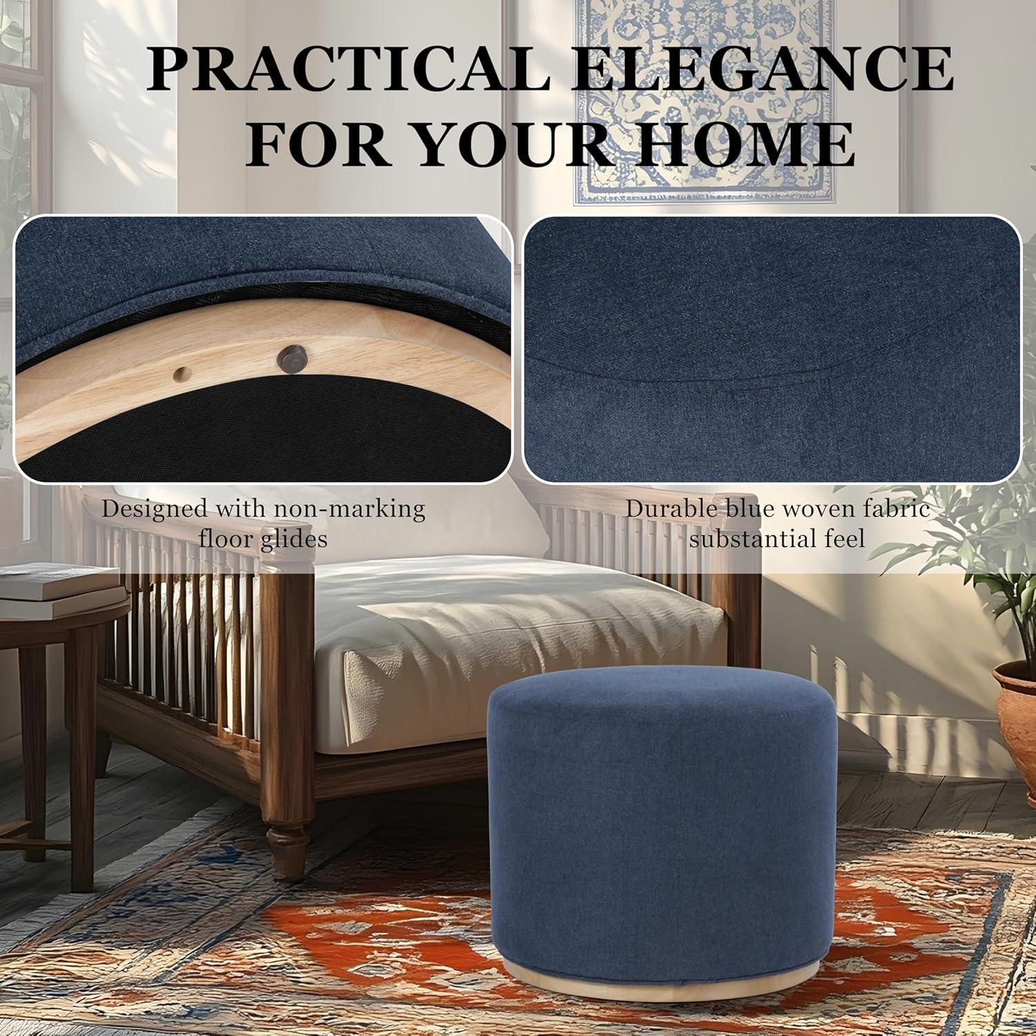 imageSpatial Order Faux Leather Ottoman with Wooden Base 22 Round Upholstered Footrest Sand Faux Leather Modern Accent Stool for Living Room amp BedroomBlue Woven Fabric