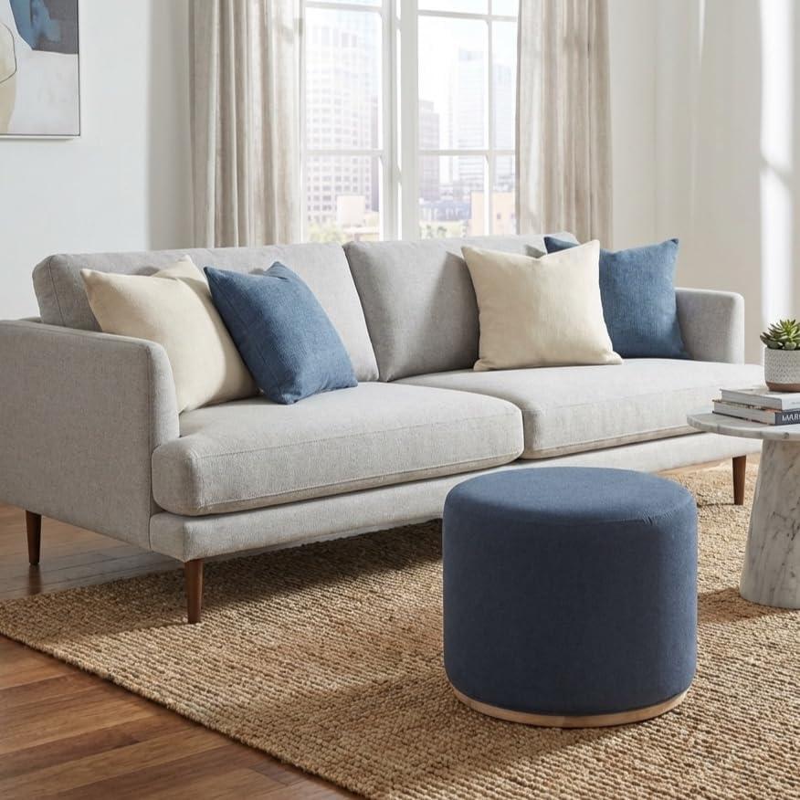 imageSpatial Order Faux Leather Ottoman with Wooden Base 22 Round Upholstered Footrest Sand Faux Leather Modern Accent Stool for Living Room amp BedroomBlue Woven Fabric