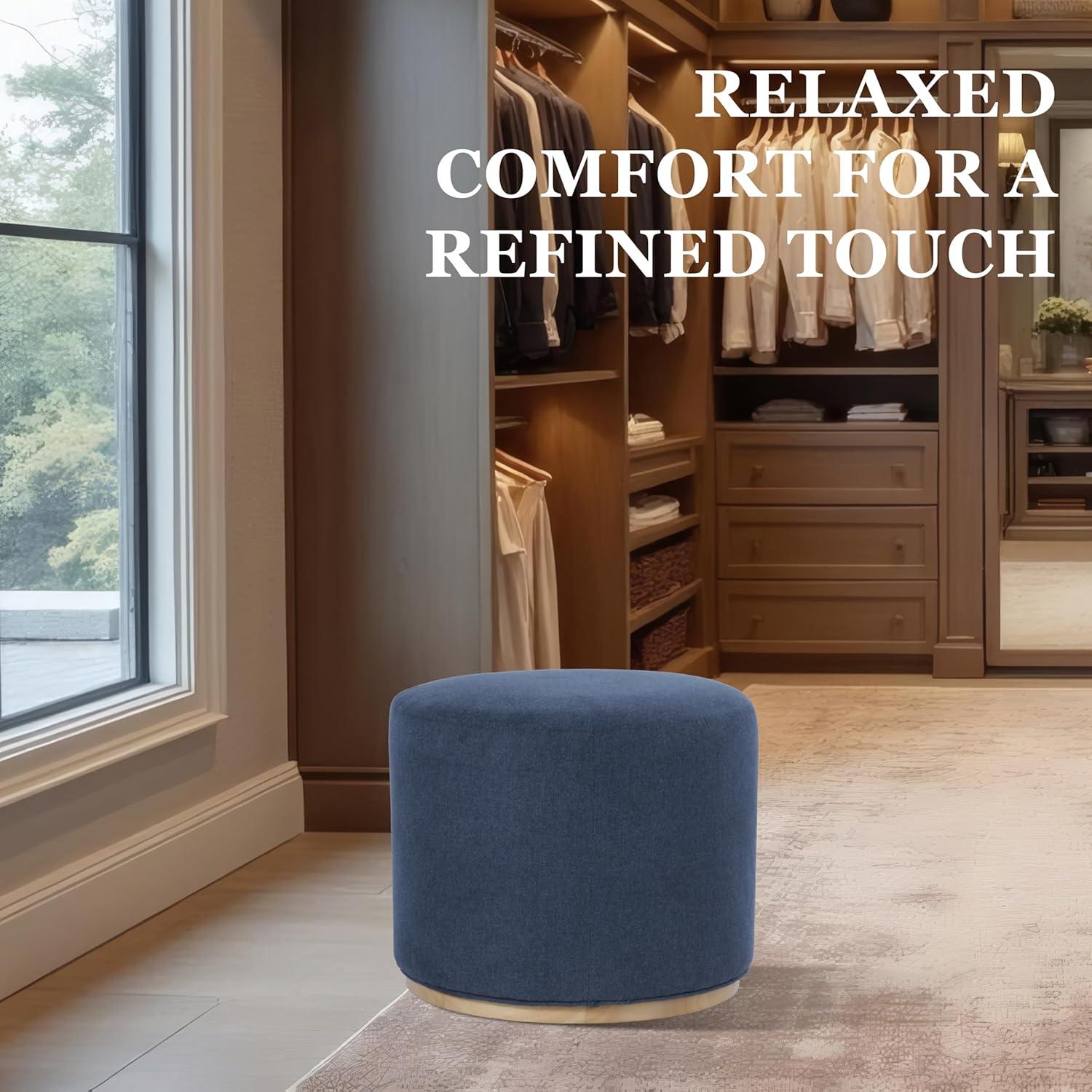 imageSpatial Order Faux Leather Ottoman with Wooden Base 22 Round Upholstered Footrest Sand Faux Leather Modern Accent Stool for Living Room amp BedroomBlue Woven Fabric
