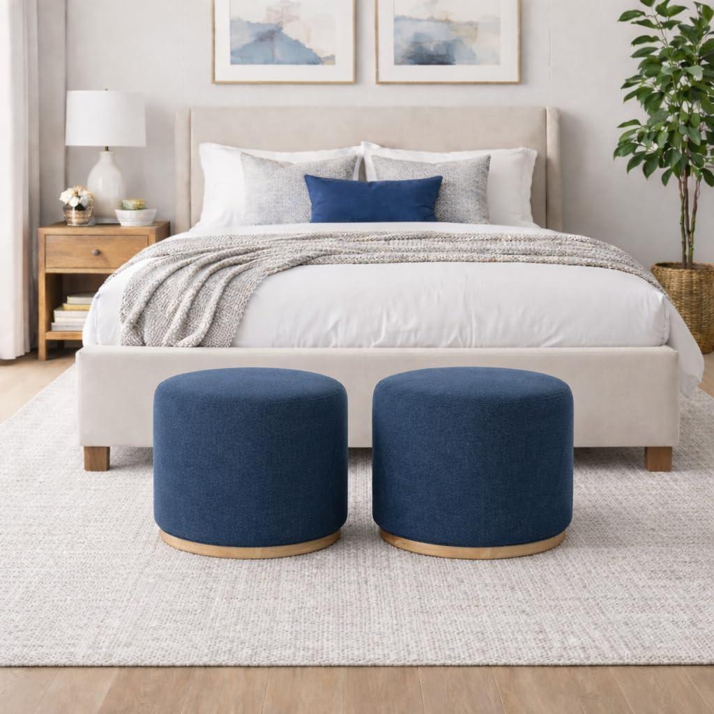 imageSpatial Order Faux Leather Ottoman with Wooden Base 22 Round Upholstered Footrest Sand Faux Leather Modern Accent Stool for Living Room amp BedroomBlue Woven Fabric