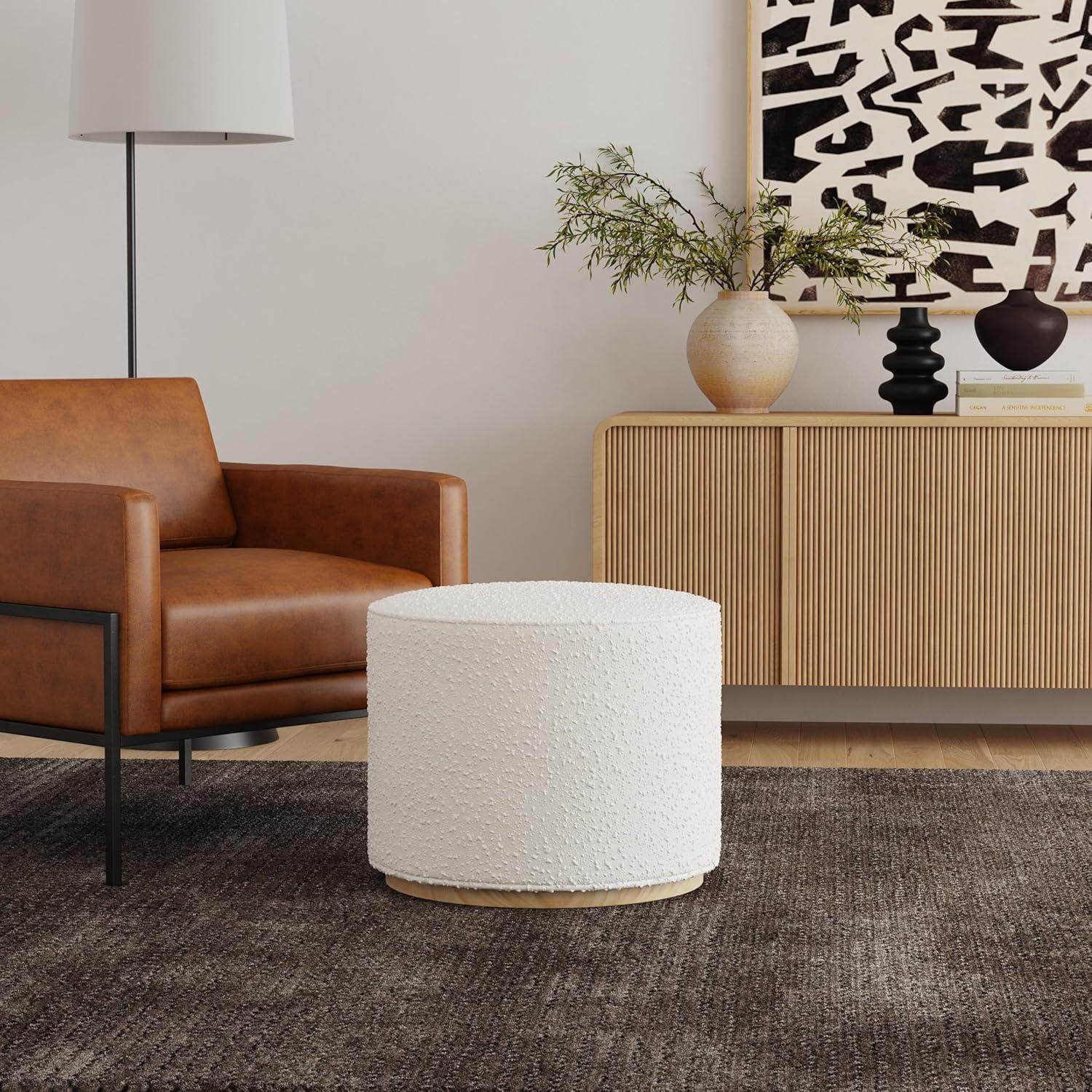 imageSpatial Order Faux Leather Ottoman with Wooden Base 22 Round Upholstered Footrest Sand Faux Leather Modern Accent Stool for Living Room amp BedroomCream Boucle