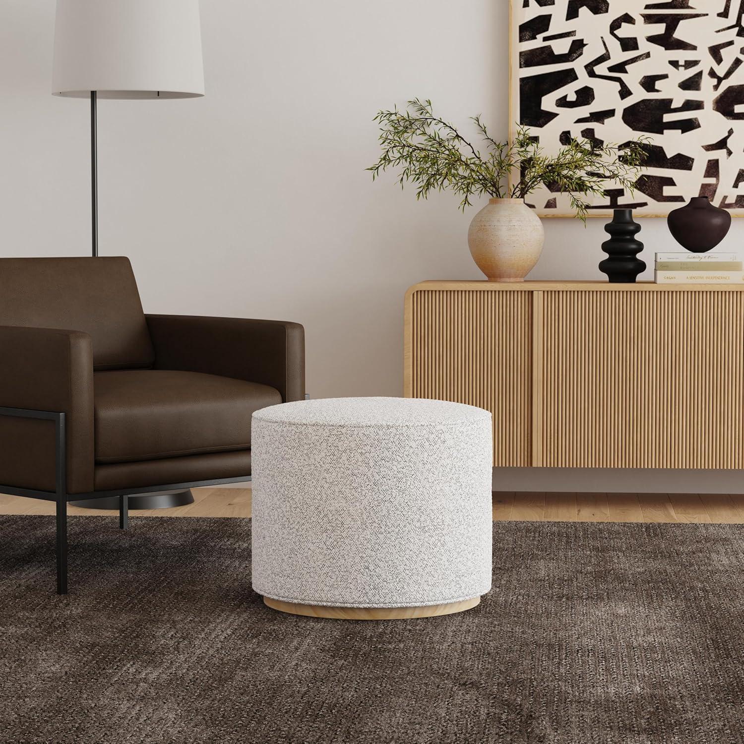 imageSpatial Order Faux Leather Ottoman with Wooden Base 22 Round Upholstered Footrest Sand Faux Leather Modern Accent Stool for Living Room amp BedroomCream Boucl With Gray Yarns