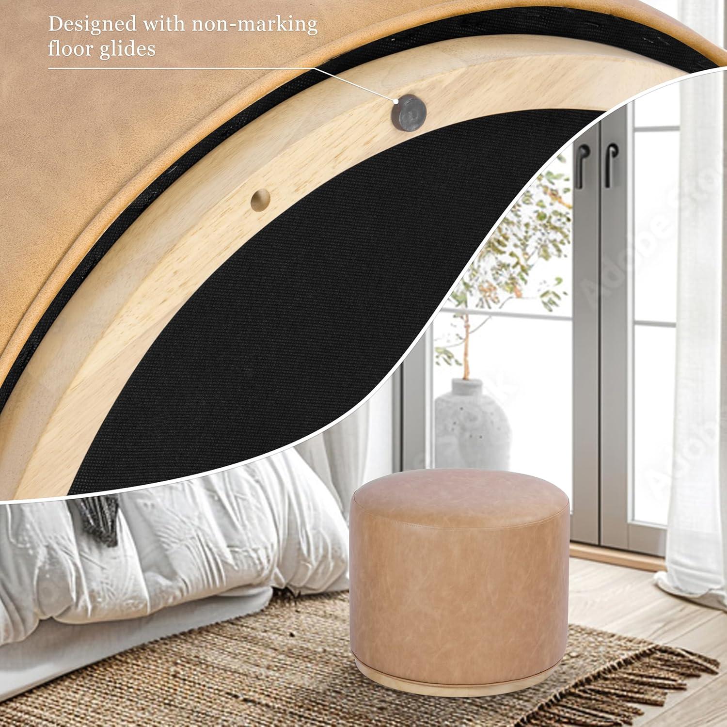 imageSpatial Order Faux Leather Ottoman with Wooden Base 22 Round Upholstered Footrest Sand Faux Leather Modern Accent Stool for Living Room amp BedroomSand Faux Leather