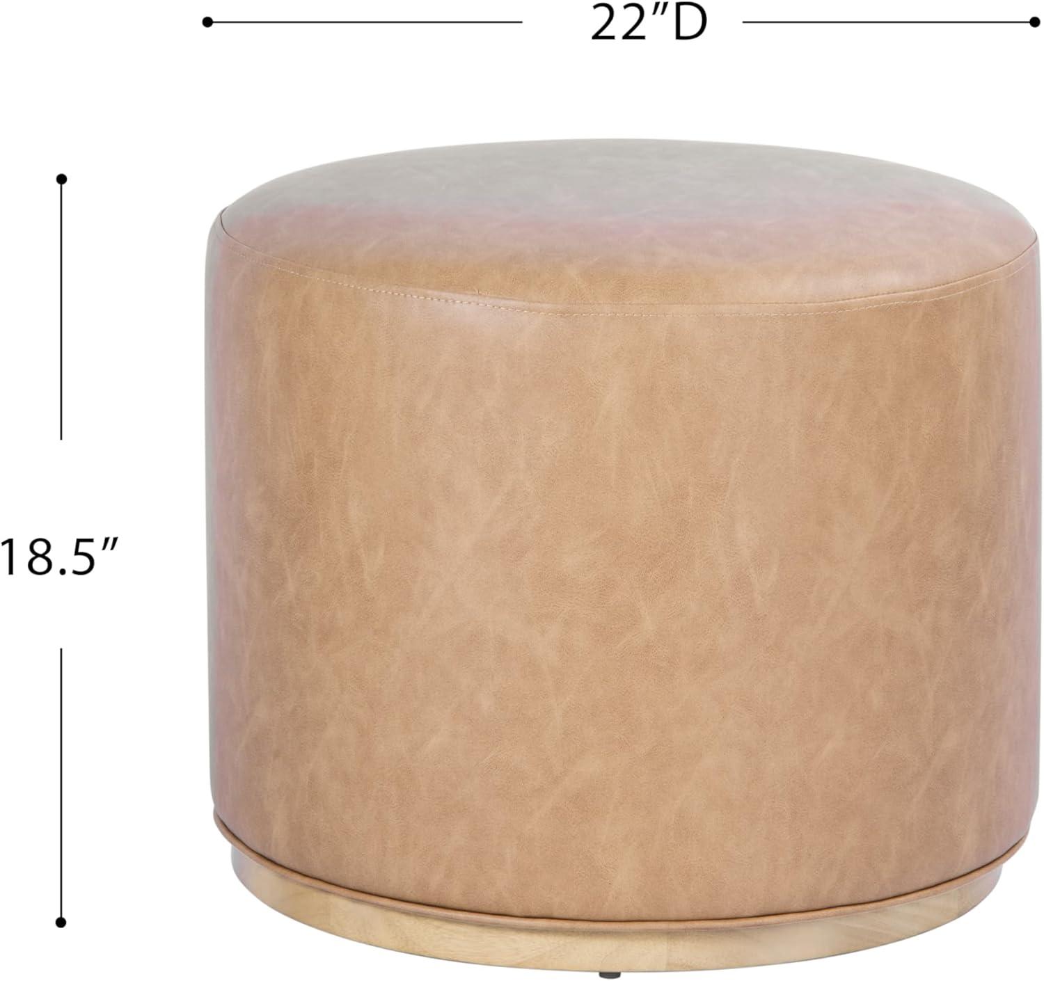 imageSpatial Order Faux Leather Ottoman with Wooden Base 22 Round Upholstered Footrest Sand Faux Leather Modern Accent Stool for Living Room amp BedroomSand Faux Leather