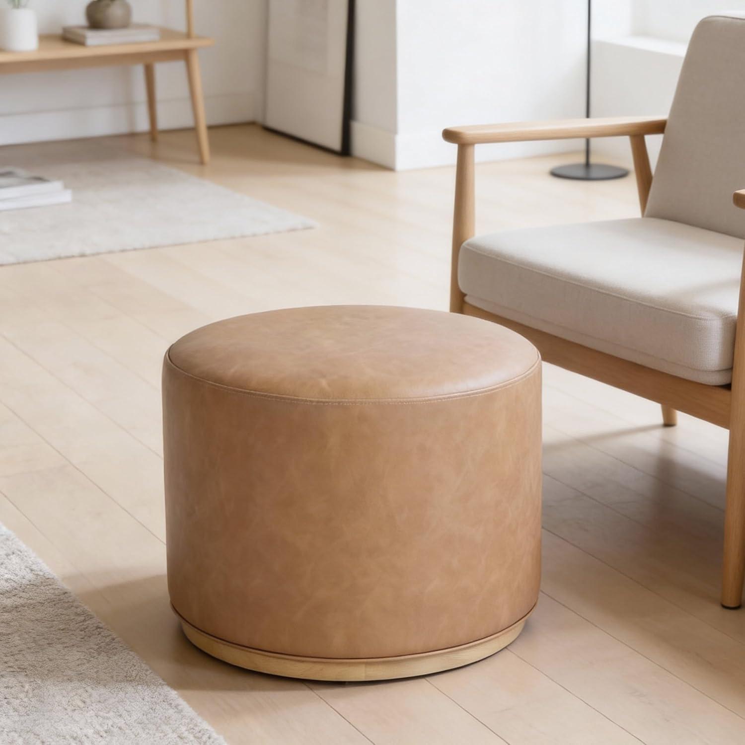 imageSpatial Order Faux Leather Ottoman with Wooden Base 22 Round Upholstered Footrest Sand Faux Leather Modern Accent Stool for Living Room amp BedroomSand Faux Leather