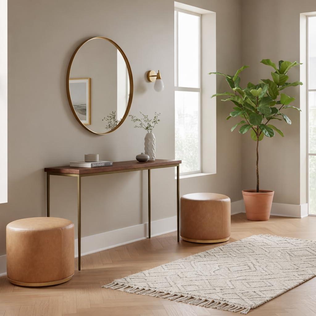 imageSpatial Order Faux Leather Ottoman with Wooden Base 22 Round Upholstered Footrest Sand Faux Leather Modern Accent Stool for Living Room amp BedroomSand Faux Leather