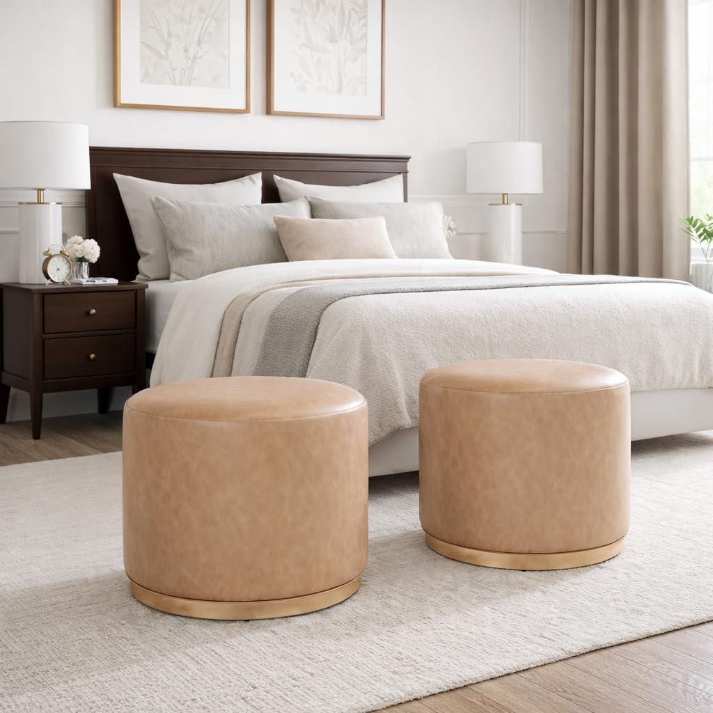 imageSpatial Order Faux Leather Ottoman with Wooden Base 22 Round Upholstered Footrest Sand Faux Leather Modern Accent Stool for Living Room amp BedroomSand Faux Leather