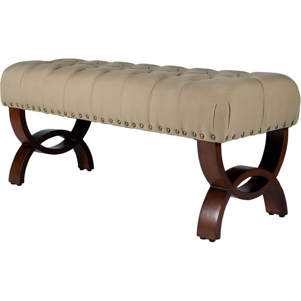imageHomePop Button Tufted Nail Head Trim Bench NaturalNatural