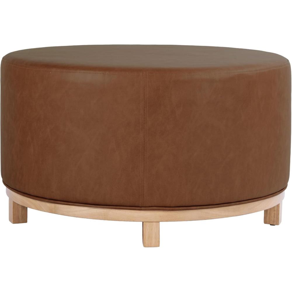 imageHomePop Haven Ottoman with Wood Base Sand Faux LeatherChestnut Brown Faux Leather