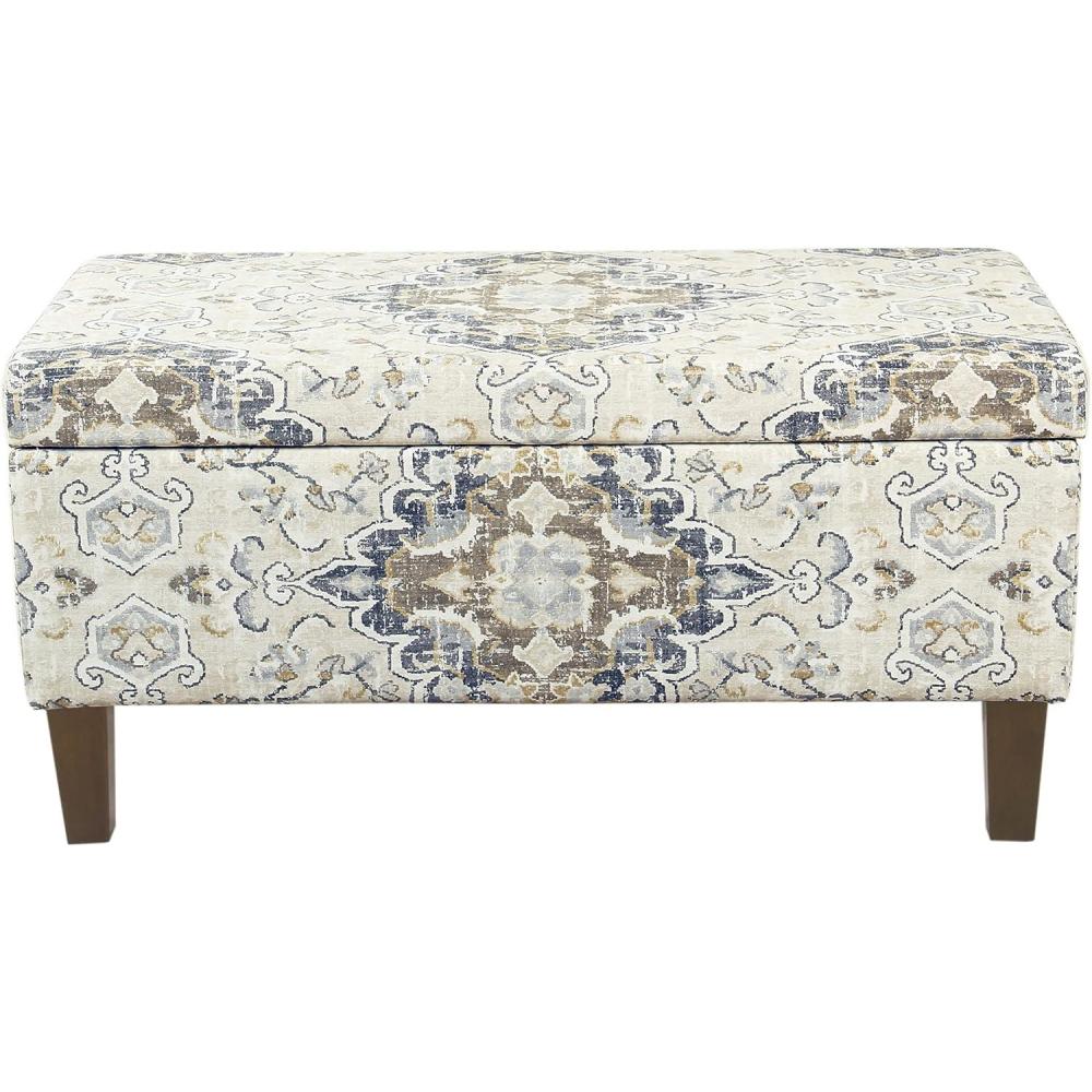 imageHomePop Large Upholstered Rectangular Storage Ottoman Bench with Hinged Lid NavyAntiqued Print Ebony and Cream