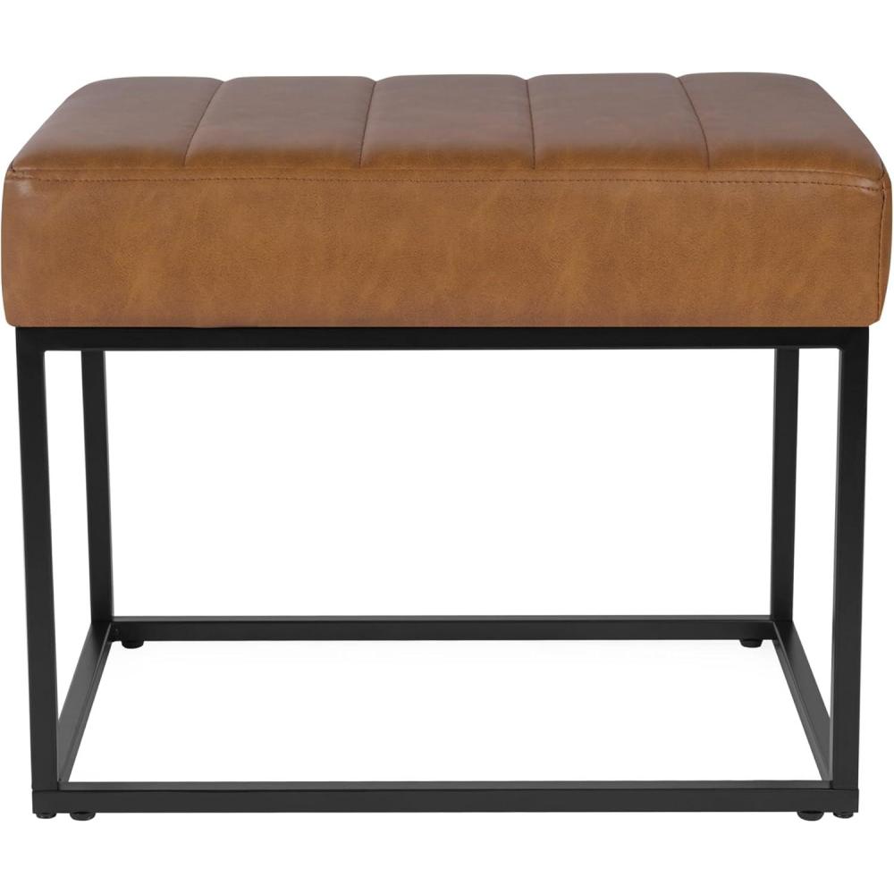 imageHomePop Theodore Channel Tufted Small Ottoman  Brown Faux LeatherCarmel Faux Leather