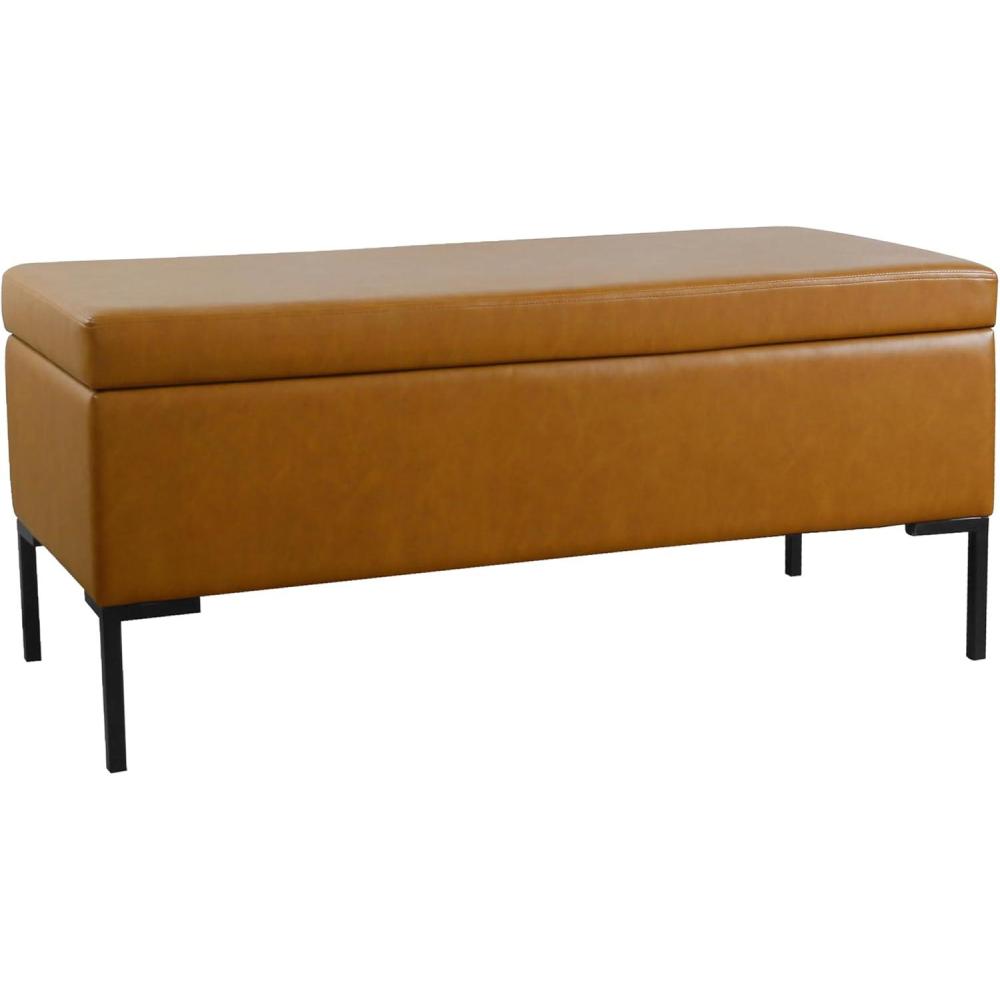 imageHomePop Upholstered Storage Bench with Metal Leg 42 W Carmel Faux LeatherBrown Faux Leather