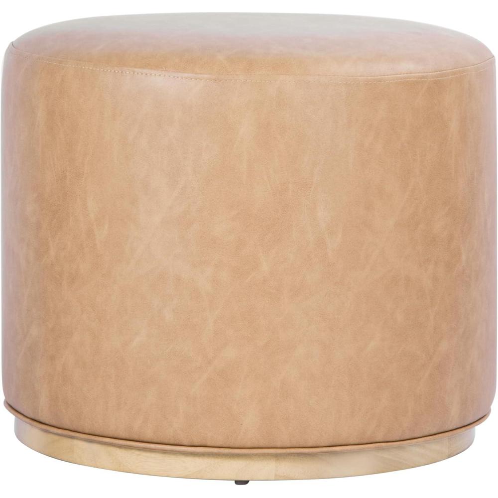 imageSpatial Order Faux Leather Ottoman with Wooden Base 22 Round Upholstered Footrest Sand Faux Leather Modern Accent Stool for Living Room amp BedroomSand Faux Leather