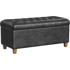 HomePop Large Upholstered Rectangular Storage Ottoman Bench with Hinged Lid, Black Buffalo Plaid(Black Faux Leather)