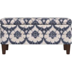 HomePop Large Upholstered Rectangular Storage Ottoman Bench with Hinged Lid, Black Buffalo Plaid(Blue Medallion Print)