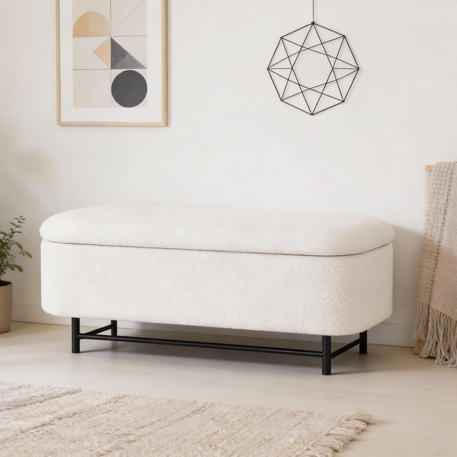 imageHomePop Ellipse Modern Storage Bench with Metal Legs Homepop Home DcorBench with Storage for Living Room amp Bedroom Cream BoucleCream Boucle