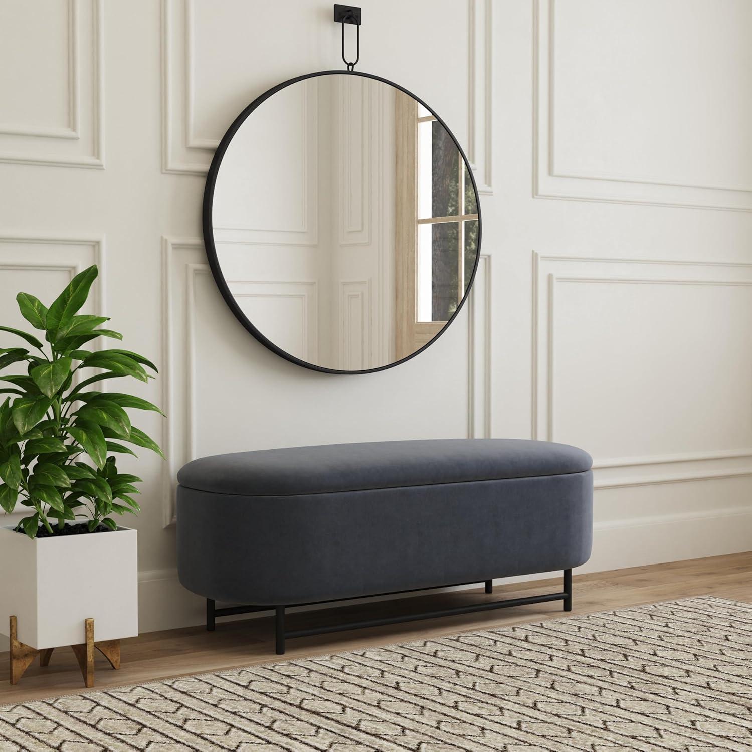 imageHomePop Ellipse Modern Storage Bench with Metal Legs Homepop Home DcorBench with Storage for Living Room amp Bedroom Cream BoucleSteel Blue Velvet