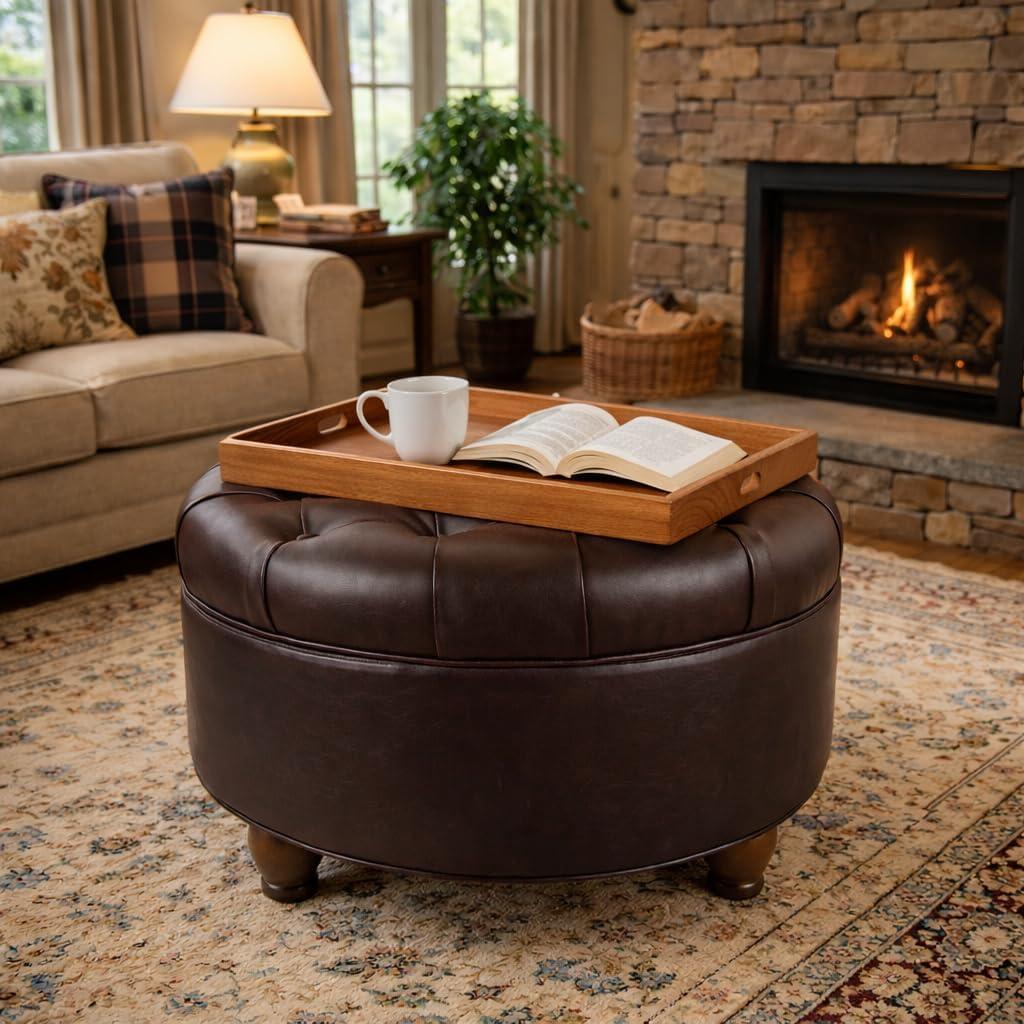 imageHomepop Home Decor Button Tufted Faux Leather Round Storage Ottoman Ottoman with Storage for Living Room amp Bedroom Black Faux LeatherBrown