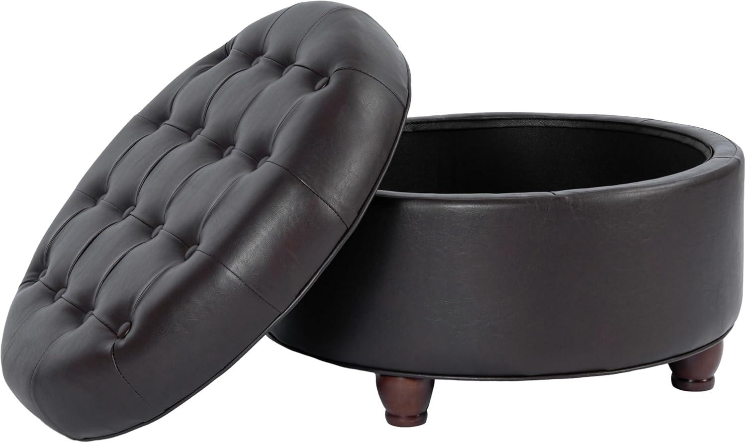 imageHomepop Home Decor Button Tufted Faux Leather Round Storage Ottoman Ottoman with Storage for Living Room amp Bedroom Black Faux LeatherBrown