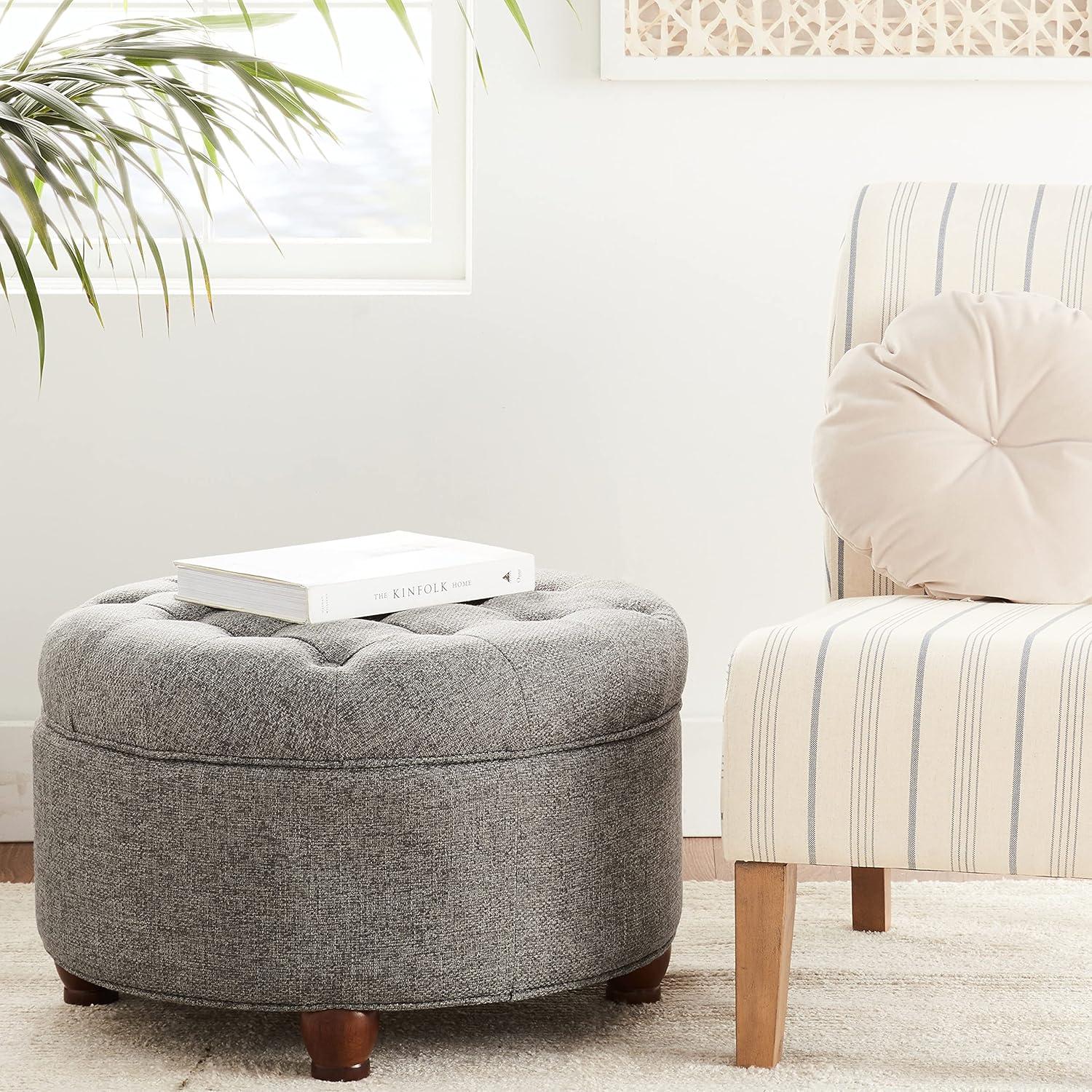 imageHomepop Home Decor Button Tufted Faux Leather Round Storage Ottoman Ottoman with Storage for Living Room amp Bedroom Black Faux LeatherDark Gray
