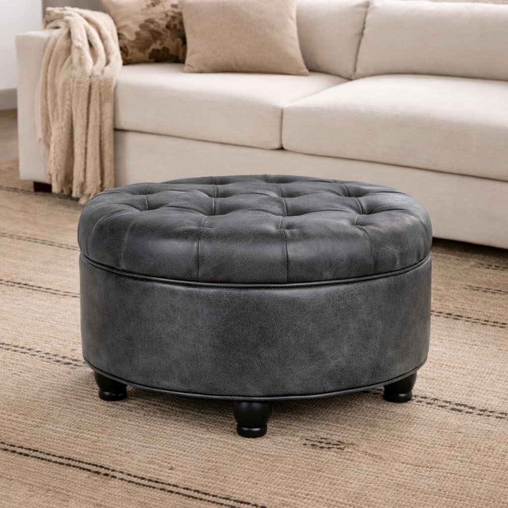imageHomepop Home Decor Button Tufted Faux Leather Round Storage Ottoman Ottoman with Storage for Living Room amp Bedroom Black Faux LeatherGrey